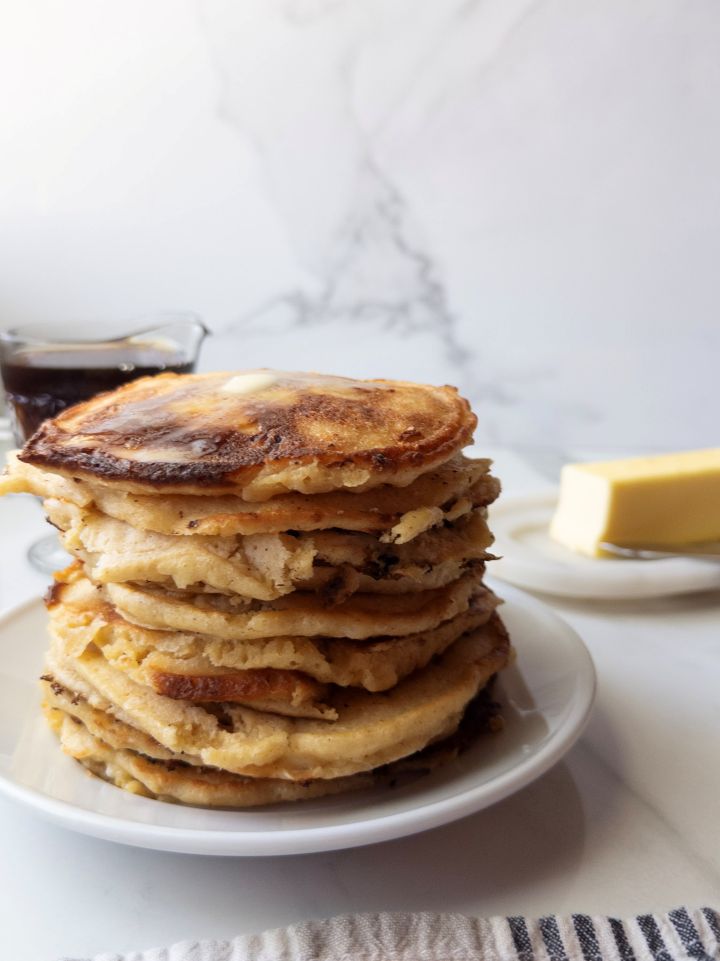 Fresh Milled Flour Pancakes with Cottage Cheese with syrup and butter on the side
