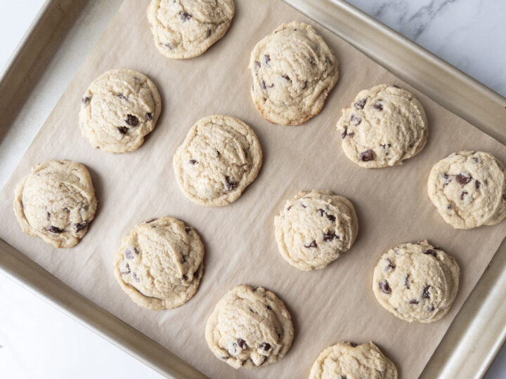 Gluten-free chocolate chip cookies on cookie sheet