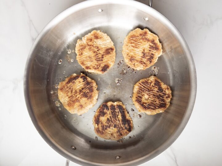 5 Gluten-Free Turkey Burgers in a fry pan