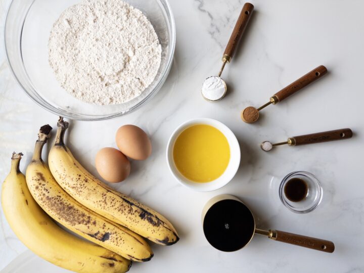 Ingredients for Wholesome Banana Bread on the counter