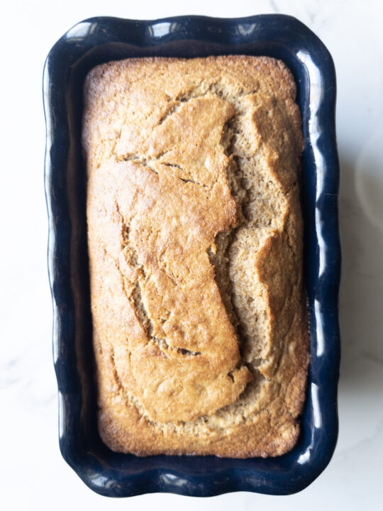 Loaf pan with Banana Bread made with Fresh Milled Flour in it