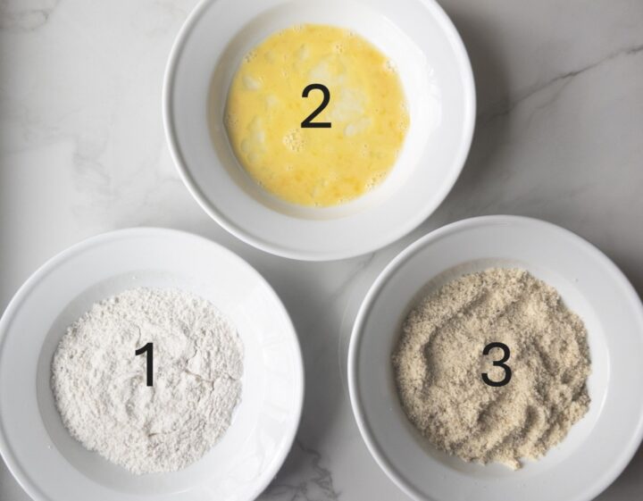 3 bowls needed for breading chicken: flour mixture, egg wash & almond flour mixture