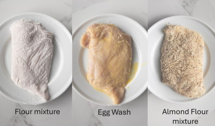 3 steps of breading chicken: flour mixture, egg wash & almond flour mixture
