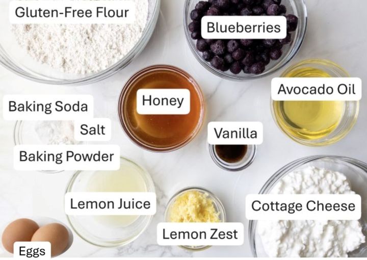 Ingredients for Lemon Blueberry Cottage Cheese Muffins (Gluten-Free)