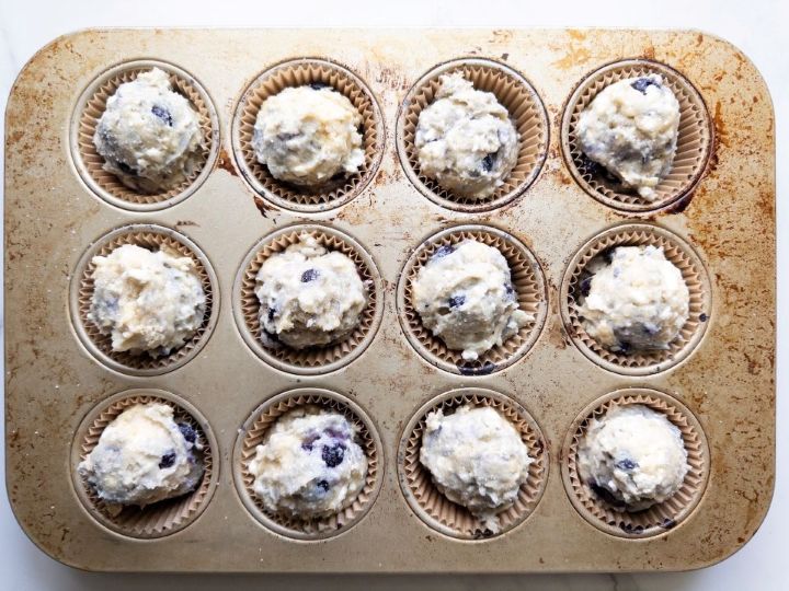 Lemon Blueberry Cottage Cheese Muffins (Gluten-Free) Step 5 unbaked in muffin tin