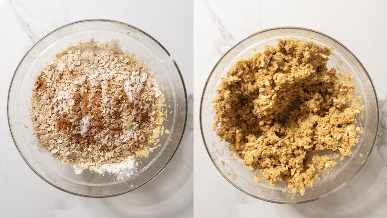 Step 4: Adding the dry ingredients & butterscotch chips and mixing gently until the dough comes together