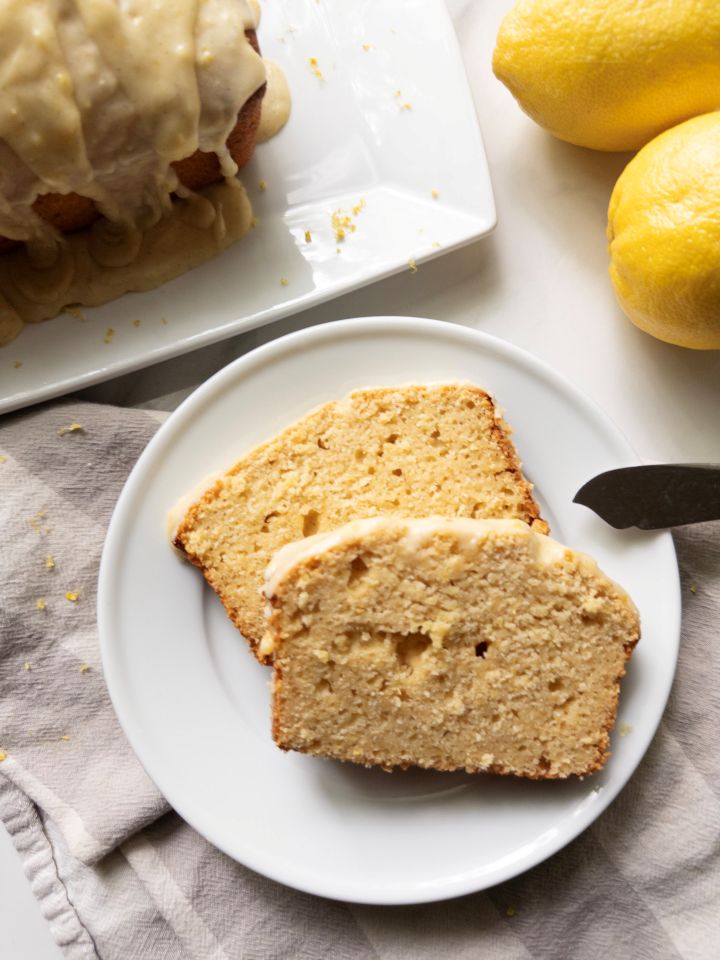 2 slices of Fresh Milled Flour Lemon Loaf on a plate