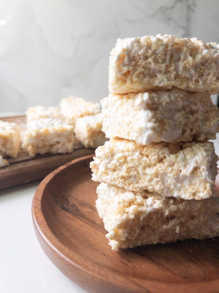Thick & Gooey Rice Crispy Treats stacked on each other
