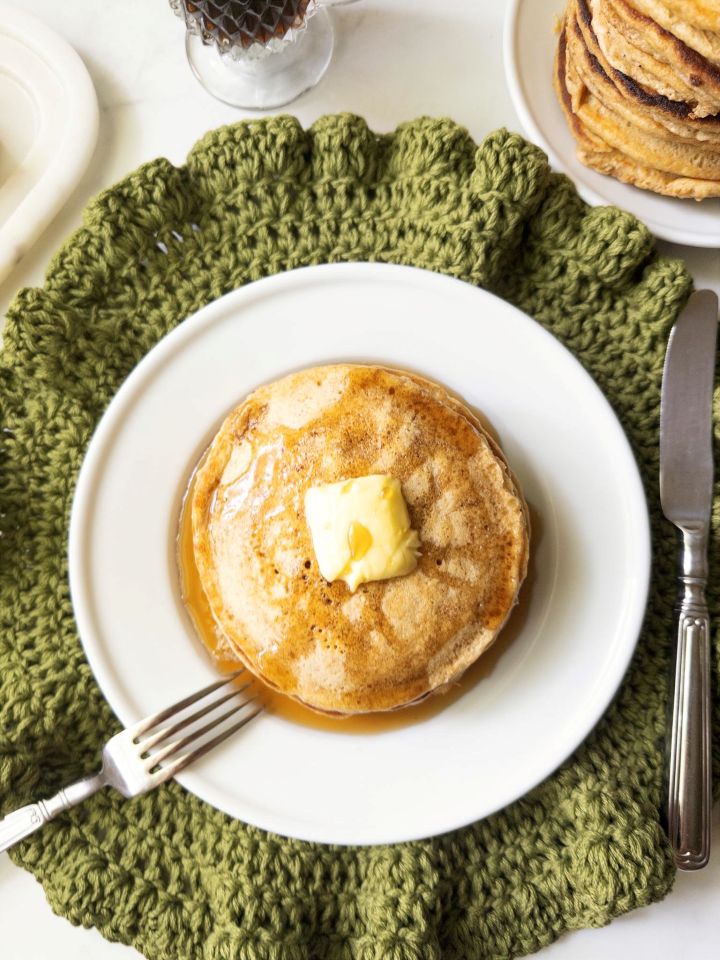 Fresh milled flour buttermilk pancakes served with butter and maple syrup