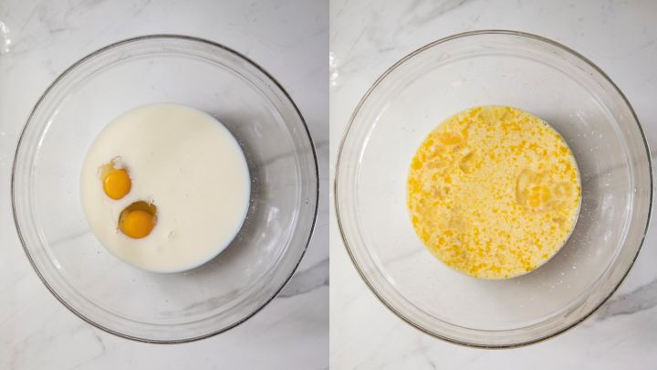 Before and after of mixing together the eggs, milk+acv, honey, vanilla
