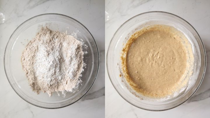 Before and after of adding in the fresh milled flour, baking powder, baking soda, and salt.