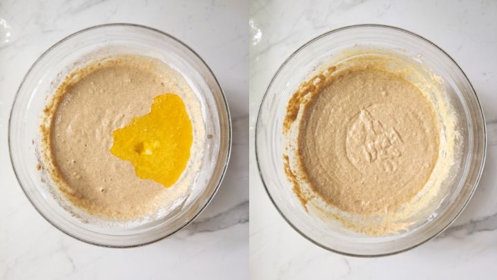 Before and after of stirring in melted butter.