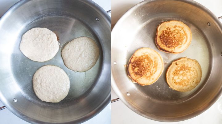 Fresh milled flour buttermilk pancakes cooking in a skillet
