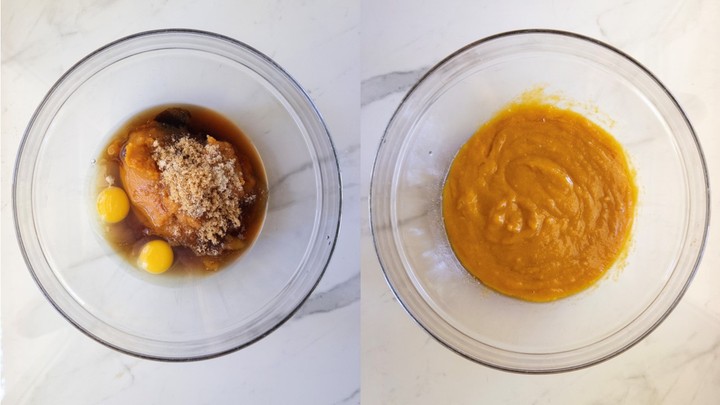 Side-by-side comparison bowls: eggs, brown sugar, and maple syrup unmixed on the left, whisked into a smooth pumpkin mixture on the right