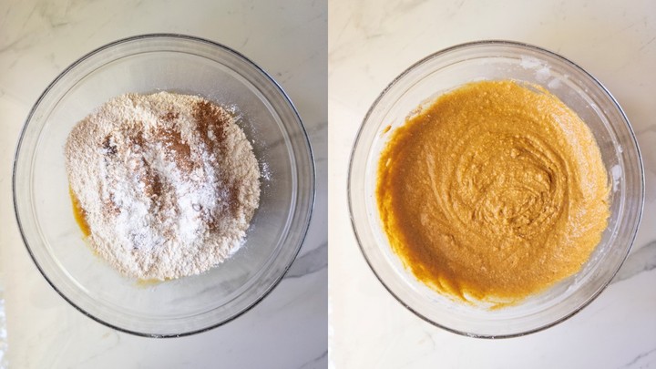 Side-by-side comparison bowls: dry ingredients and spices piled on top of the wet batter on the left, fully mixed pumpkin bread batter on the right