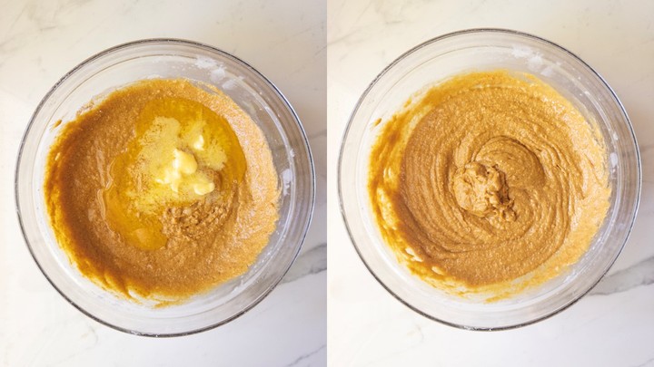 Side-by-side comparison bowls: melted butter poured on top of the pumpkin bread batter on the left, fully stirred in on the right