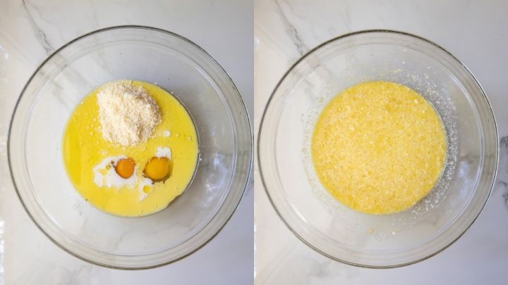 Whisked wet ingredients and grated Parmesan cheese in glass bowls for spinach feta muffin batter