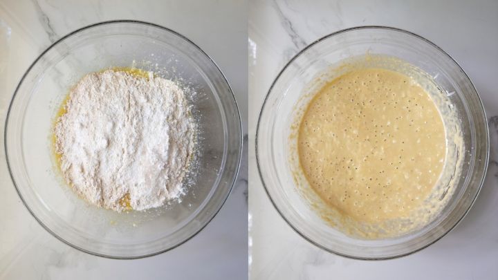 Fresh milled flour and mixed wet batter in glass bowls before combining for spinach feta muffins