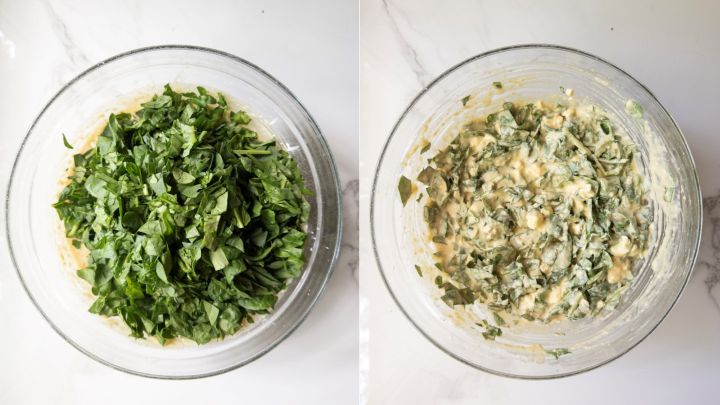 Chopped spinach and feta folded into muffin batter in glass bowls