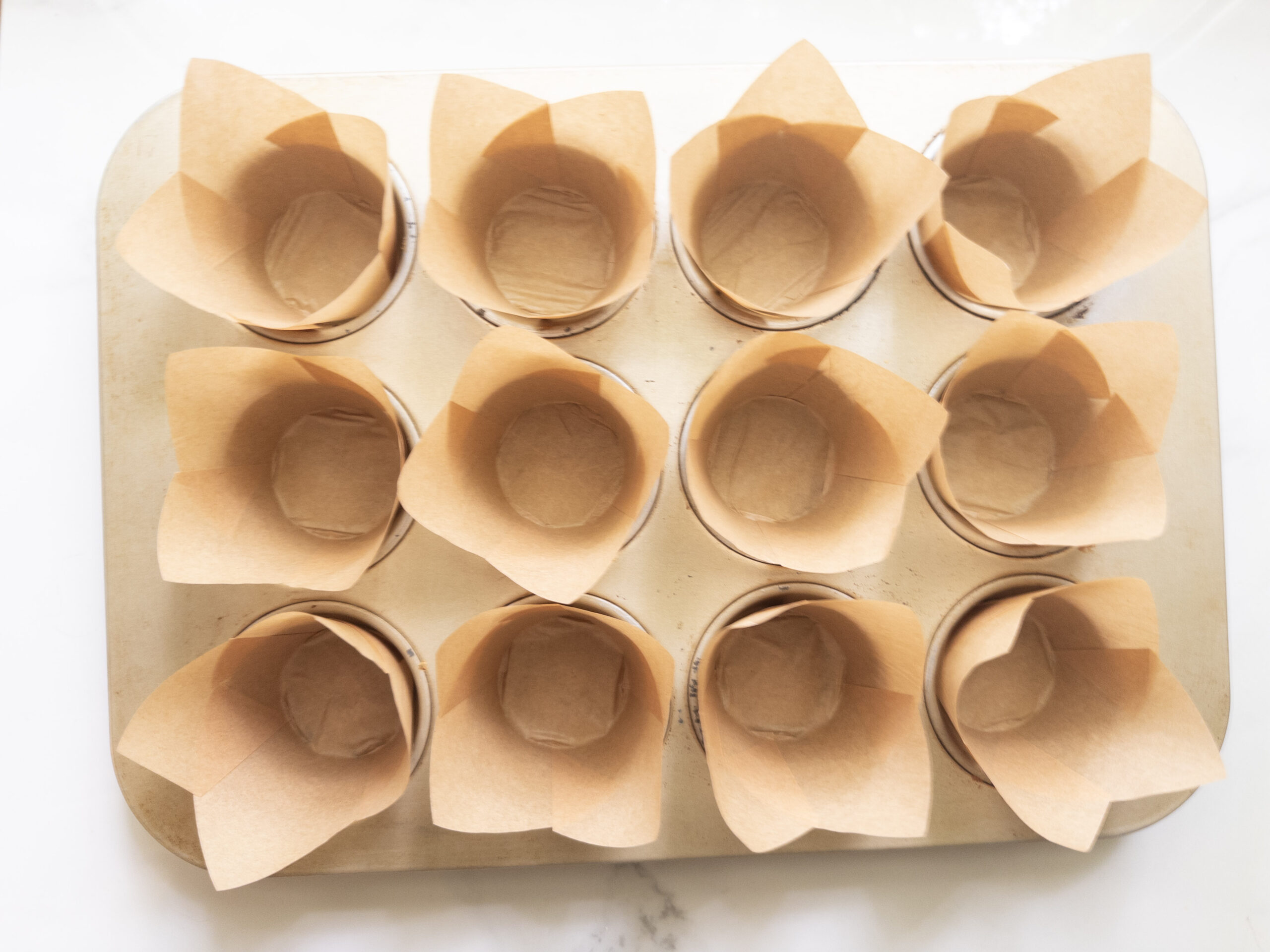 A 12-cup muffin tin lined with folded tulip-style paper liners, empty and ready for batter.