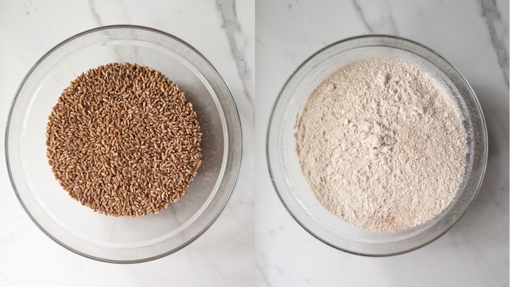 Wheat berries in a glass bowl before milling on the left, and the milled fresh flour on the right.