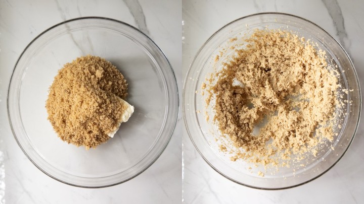 Brown sugar on top of butter in a glass bowl on the left, and the butter and brown sugar creamed together on the right.