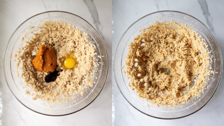 Pumpkin puree, egg, and vanilla extract added to the creamed butter mixture on the left, and the ingredients creamed together until smooth on the right.