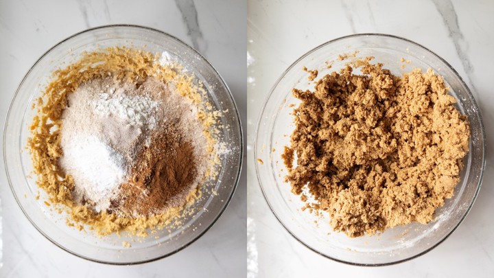 Dry ingredients and spices added on top of the cookie dough on the left, and the dough fully mixed on the right.