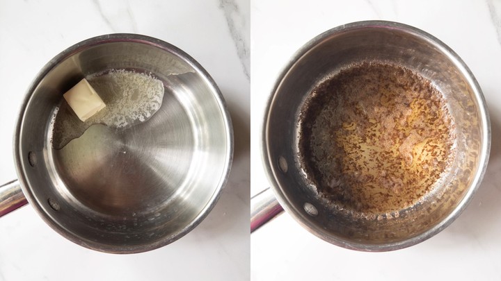 Butter melting in a saucepan on the left, and the butter browned to a golden-amber color on the right.