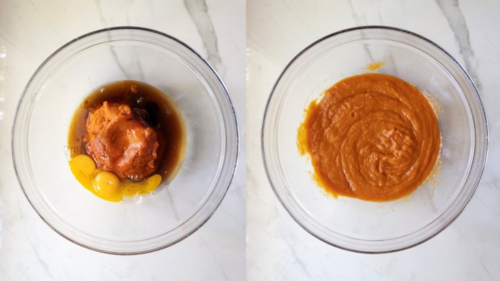 Pumpkin puree, eggs, maple syrup, and vanilla extract in a glass bowl, unmixed on the left and whisked smooth on the right.