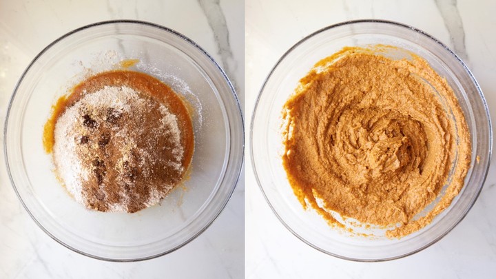 Milled flour and spices sitting on top of pumpkin batter on the left, stirred together into a thick batter on the right.
