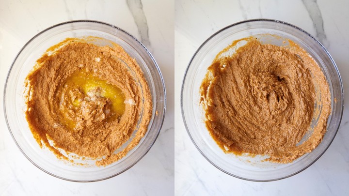 Melted butter poured over pumpkin muffin batter on the left, stirred in until smooth on the right.