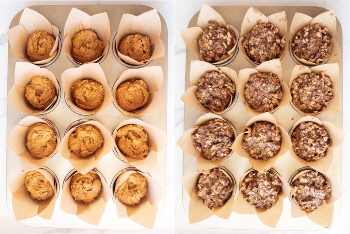 Muffin batter divided into a lined muffin tin on the left, topped with the maple pecan crunch topping on the right.