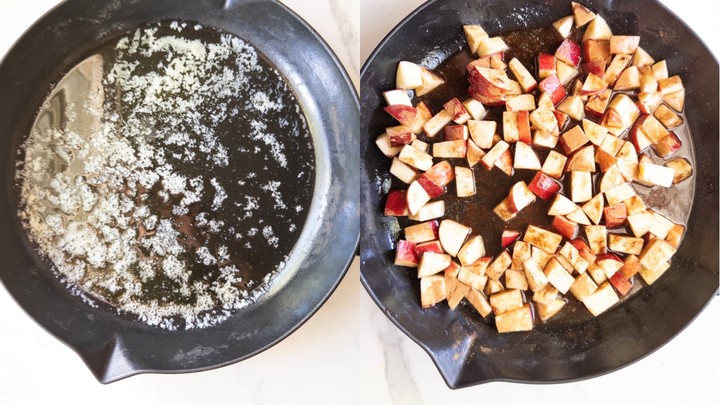 Melted butter in a cast iron skillet on the left, and chopped apples tossed with cinnamon sauteing in the skillet on the right.
