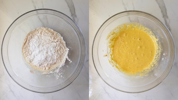 Dry ingredients mounded in a glass bowl on the left, and the same bowl with the wet batter mixed together on the right.