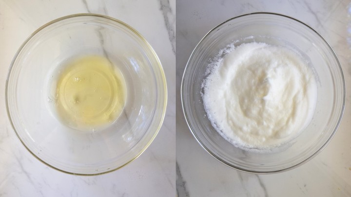Raw egg whites in a glass bowl on the left, and the same egg whites whipped into stiff white peaks on the right.