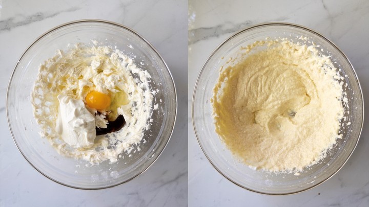 An egg, Greek yogurt, and vanilla added to the creamed butter and sugar on the left, and beaten into a creamy batter on the right.