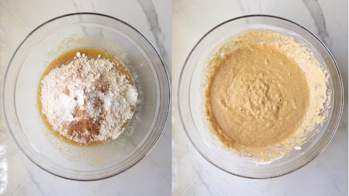 Flour and spices sitting on top of the wet ingredients on the left and gently whisked into a batter on the right.