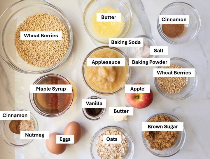 Overhead view of the labeled ingredients for apple crisp bread, including wheat berries, applesauce, maple syrup, eggs, butter, an apple, oats, brown sugar, and spices.