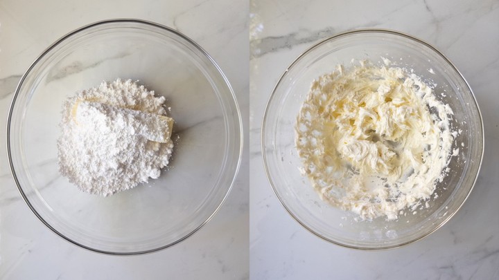 Powdered sugar on top of softened butter in a glass bowl on the left, and beaten into a smooth, fluffy mixture on the right.