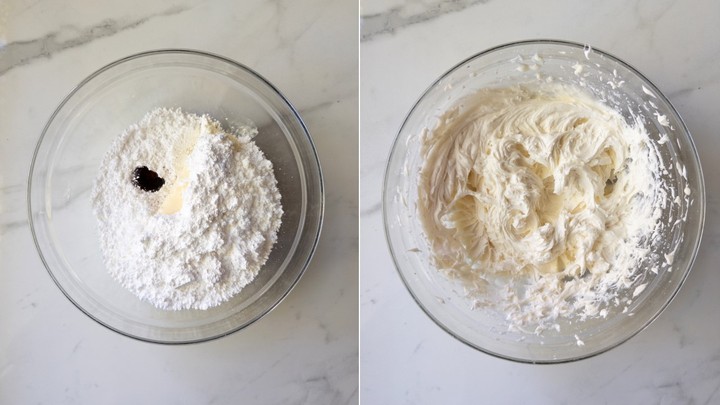 Powdered sugar, butter, and vanilla in a glass bowl on the left, and whipped into buttercream frosting on the right.