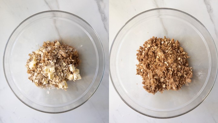 Cold butter on top of the oat crisp mixture in a glass bowl on the left and worked into a crumbly crisp topping on the right.