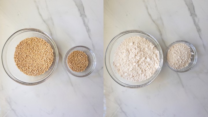 Whole wheat berries in two bowls on the left and the same bowls filled with fresh milled flour on the right.