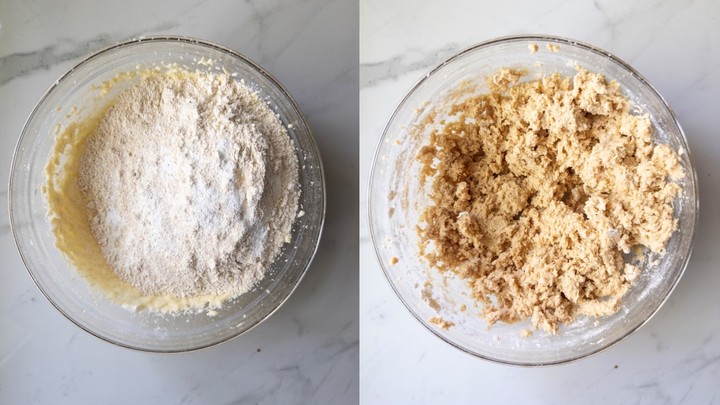 Fresh milled flour and leaveners on top of the wet ingredients on the left, and mixed into a crumbly sugar cookie dough on the right.