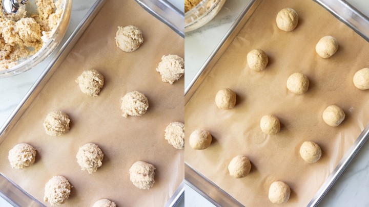 Scoops of sugar cookie dough on a parchment-lined cookie sheet on the left, and rolled into smooth balls on the right.