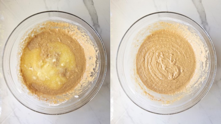 Melted butter poured over the apple bread batter on the left and stirred in on the right.