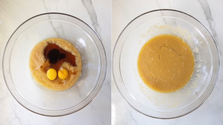 Applesauce, maple syrup, eggs, and vanilla in a glass bowl on the left and whisked together on the right.